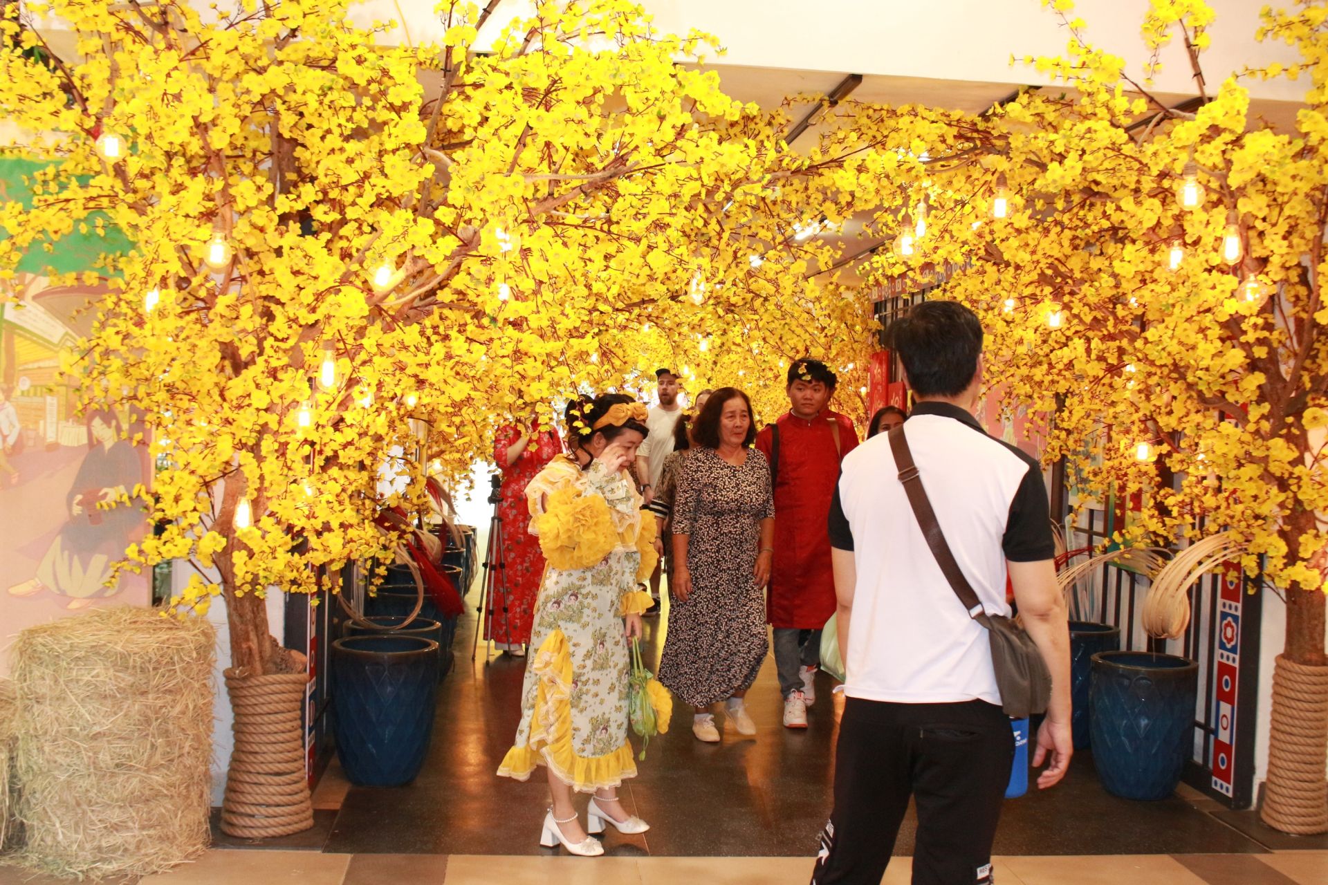 Kh&ocirc;ng gian phố &ocirc;ng đồ v&agrave; đường mai tại Nh&agrave; văn h&oacute;a Thanh ni&ecirc;n nhộn nhịp người d&acirc;n đến thưởng l&atilde;m kh&ocirc;ng kh&iacute; Tết cổ truyền giữa l&ograve;ng phố thị