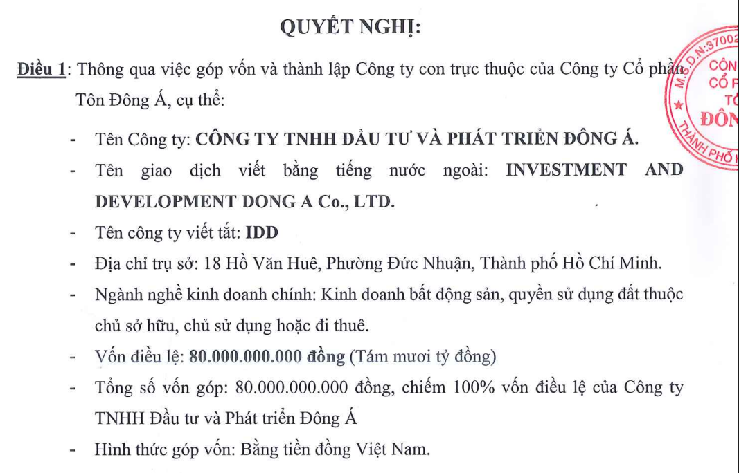 T&ocirc;n Đ&ocirc;ng &Aacute; th&agrave;nh lập c&ocirc;ng ty con lĩnh vực bất động sản