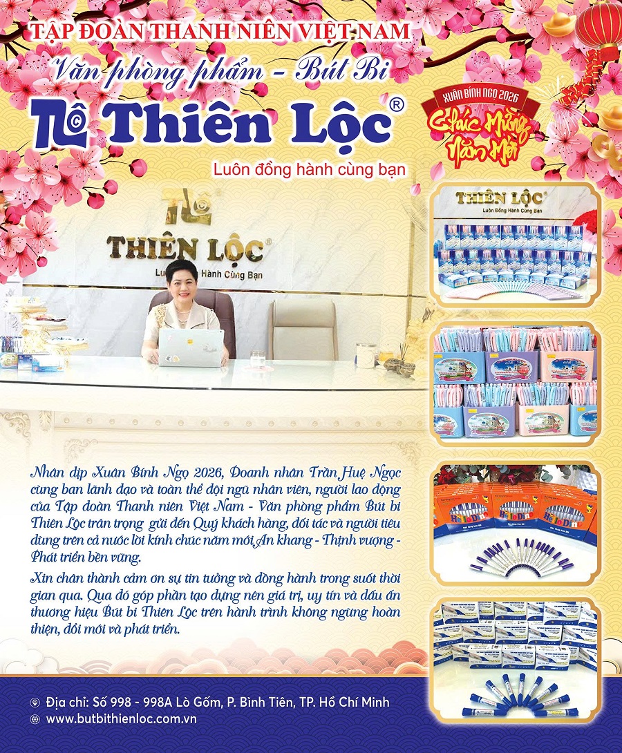 Nh&acirc;n dịp Xu&acirc;n B&iacute;nh Ngọ 2026, doanh nh&acirc;n Trần Huệ Ngọc c&ugrave;ng Ban l&atilde;nh đạo v&agrave; tập thể c&aacute;n bộ, nh&acirc;n vi&ecirc;n Văn ph&ograve;ng phẩm B&uacute;t bi Thi&ecirc;n Lộc tr&acirc;n trọng gửi tới Qu&yacute; kh&aacute;ch h&agrave;ng, Qu&yacute; đối t&aacute;c v&agrave; người ti&ecirc;u d&ugrave;ng tr&ecirc;n cả nước lời ch&uacute;c An khang &ndash; Thịnh vượng &ndash; Ph&aacute;t triển bền vững.