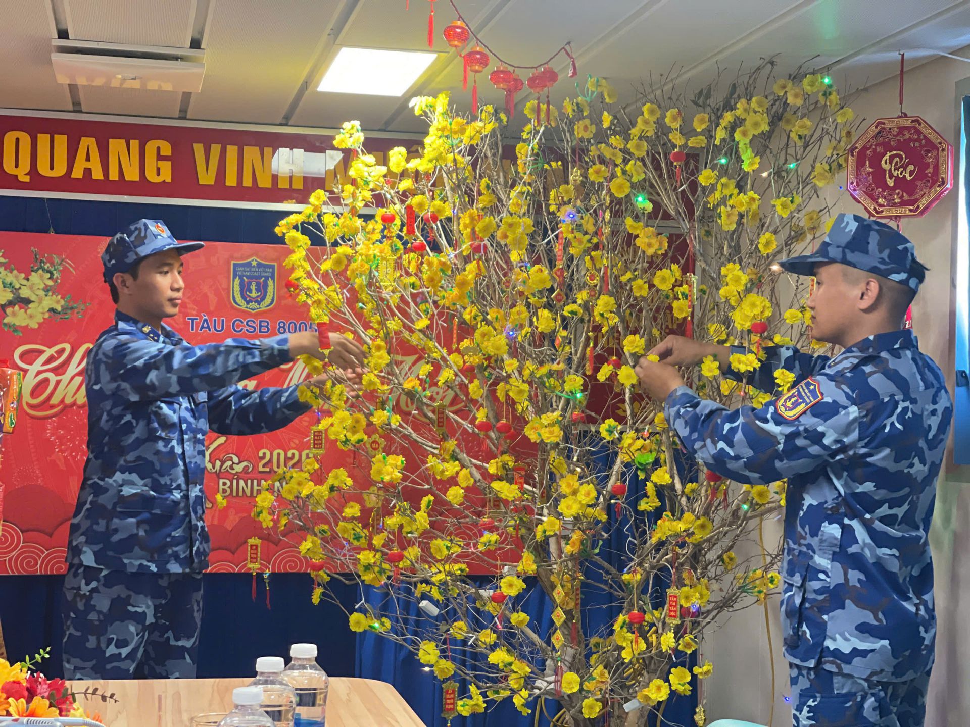 C&aacute;n bộ, chiến sĩ T&agrave;u CSB 8005, Hải đo&agrave;n 42, Bộ Tư lệnh V&ugrave;ng Cảnh s&aacute;t biển 4 trang tr&iacute; c&acirc;y mai đ&oacute;n Tết