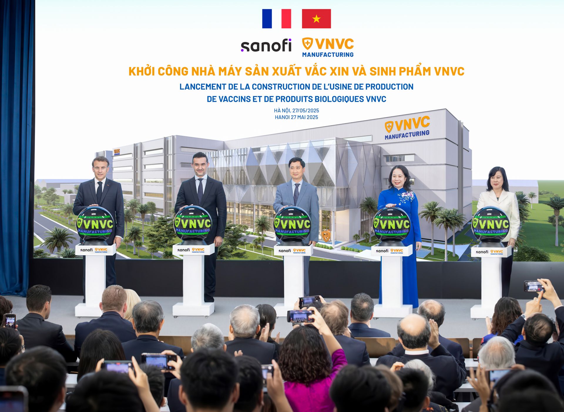 Th&aacute;ng 5/2025, Tổng thống Ph&aacute;p Emmanuel Macron c&ugrave;ng Ph&oacute; Chủ tịch nước V&otilde; Thị &Aacute;nh Xu&acirc;n, Bộ trưởng Bộ Y Tế Đ&agrave;o Hồng Lan đ&atilde; bấm n&uacute;t khởi c&ocirc;ng Nh&agrave; m&aacute;y Vắc xin v&agrave; Sinh phẩm VNVC tại Việt Nam, dự &aacute;n c&oacute; tổng vốn đầu tư ban đầu hơn 2.500 tỷ đồng. Ảnh: Hải Nam