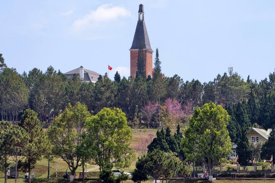 Tháp chuông của Trường Cao đẳng Sư phạm Đà Lạt nhìn từ hồ Xuân Hương, khi mai anh đào đang nở rộ ngày Tết Nguyên đán 2026. có tháp chuông, mái đứng, vòm hành lang chạy quanh và uốn cong. Tháp chuông của Trường Cao đẳng Sư phạm Đà Lạt nhìn từ hồ Xuân Hương, khi mai anh đào đang nở rộ ngày Tết Nguyên đán 2026. có tháp chuông, mái đứng, vòm hành lang chạy quanh và uốn cong.