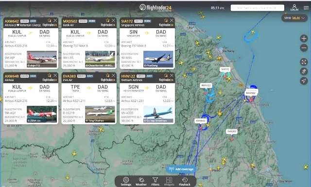 Dữ liệu theo d&otilde;i tr&ecirc;n hệ thống gi&aacute;m s&aacute;t h&agrave;nh tr&igrave;nh bay cho thấy nhiều chuyến bay phải bay chờ, điều chỉnh tiếp cận khi xuất hiện vật thể bay lạ nghi l&agrave; flycam gần s&acirc;n bay Đ&agrave; Nẵng.