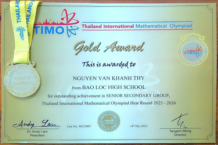 Nữ sinh lớp 11 Trường THPT Bảo Lộc đoạt Huy chương Vàng tại Thailand International Mathematical Olympiad (TIMO)
