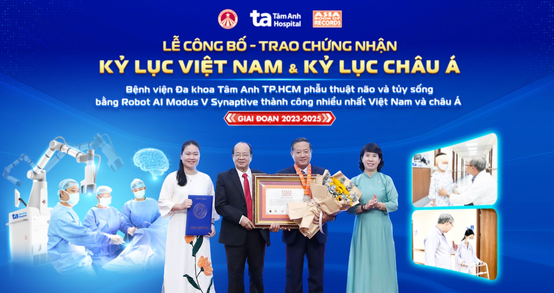 PGS.TS.BS Trần Quang Bính, Giám đốc chuyên môn, Bệnh viện Đa khoa Tâm Anh TP HCM, đại diện nhận chứng nhận Kỷ lục Châu Á về ứng dụng Robot AI trong phẫu thuật não, cột sống. PGS.TS.BS Trần Quang Bính, Giám đốc chuyên môn, Bệnh viện Đa khoa Tâm Anh TP HCM, đại diện nhận chứng nhận Kỷ lục Châu Á về ứng dụng Robot AI trong phẫu thuật não, cột sống.
