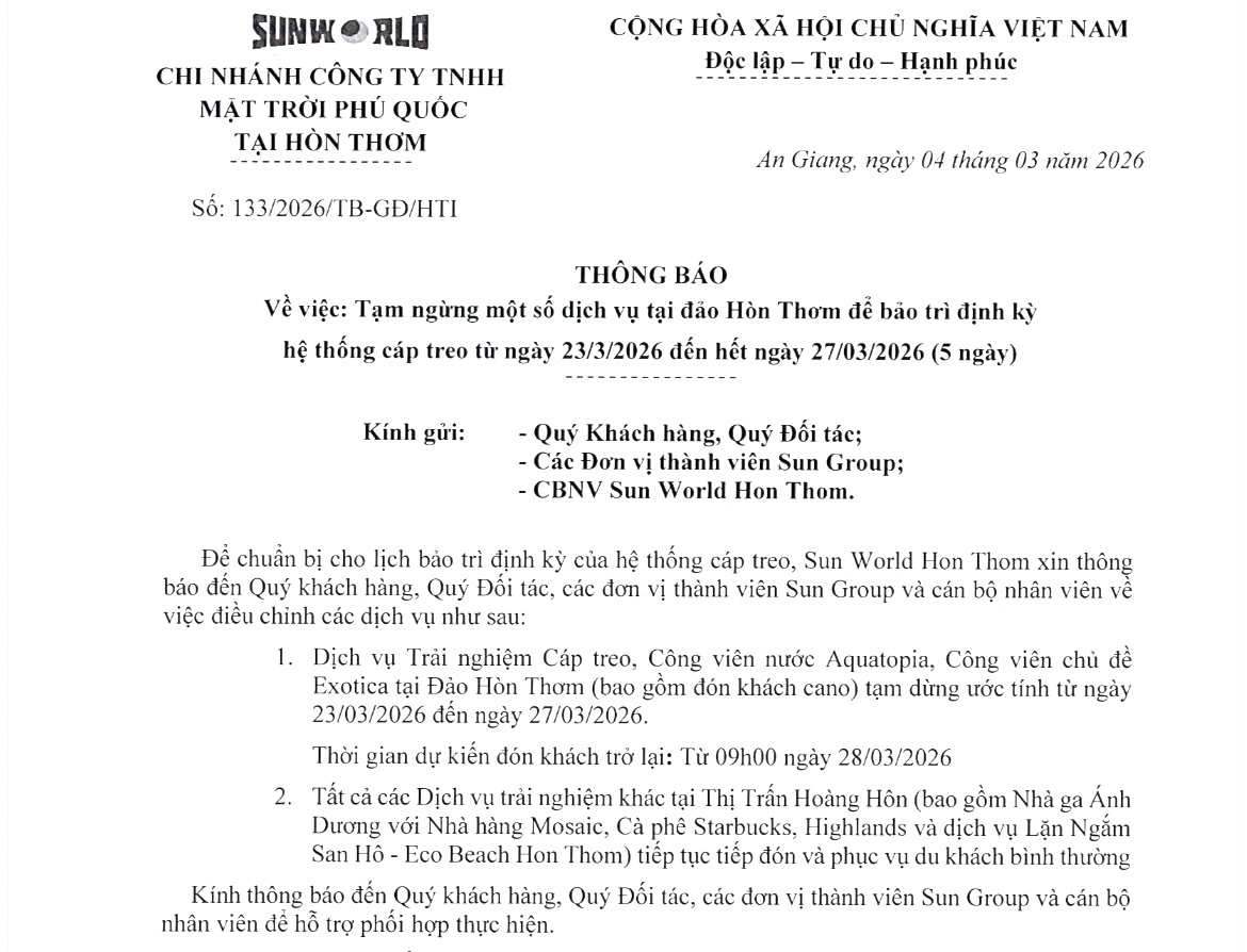 Th&ocirc;ng b&aacute;o Chi nh&aacute;nh C&ocirc;ng ty TNHH Mặt Trời Ph&uacute; Quốc tại H&ograve;n Thơm