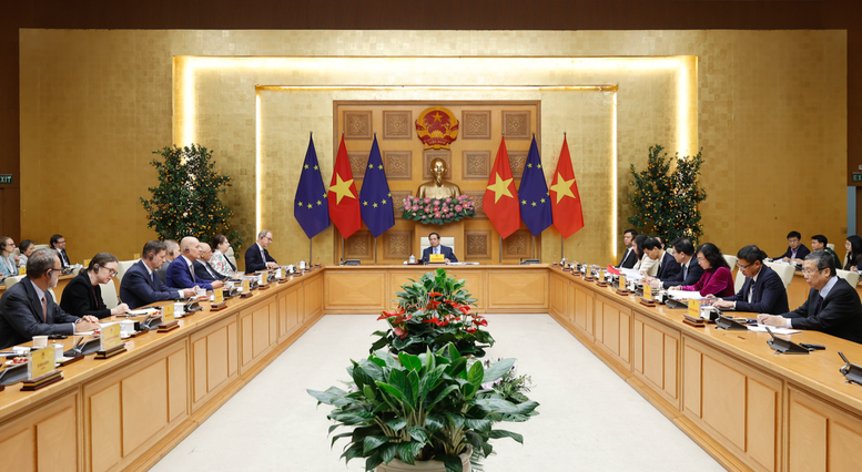 Cuộc gặp diễn ra trong bối cảnh Việt Nam vừa tổ chức th&agrave;nh c&ocirc;ng Đại hội đại biểu to&agrave;n quốc lần thứ XIV của Đảng v&agrave; Việt Nam &ndash; EU ch&iacute;nh thức n&acirc;ng cấp quan hệ l&ecirc;n Đối t&aacute;c chiến lược to&agrave;n diện - Ảnh: VGP/Nhật Bắc