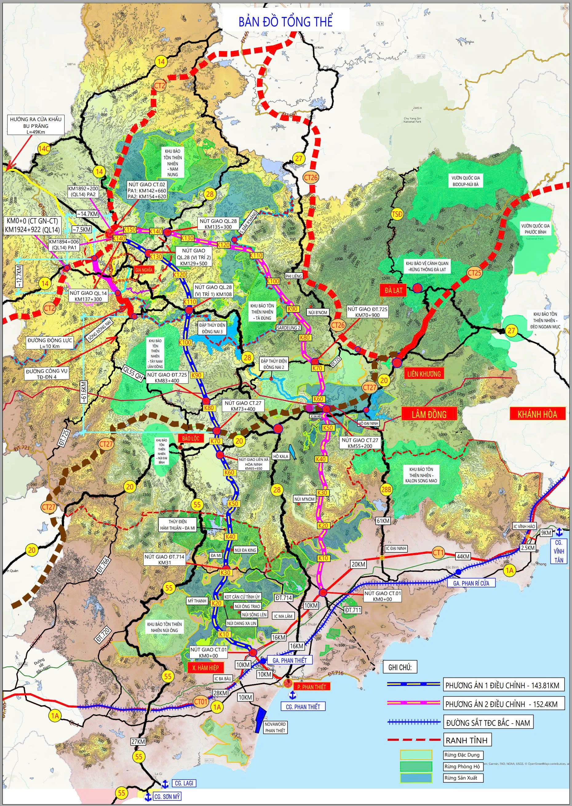 Bản đồ tổng thể minh họa c&aacute;c phương &aacute;n x&acirc;y dựng cao tốc Phan Thiết - Bảo Lộc - Gia Nghĩa