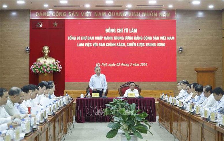 L&agrave;m việc với Ban Ch&iacute;nh s&aacute;ch, chiến lược Trung ương về x&acirc;y dựng Nghị quyết của Trung ương đối với giải ph&aacute;p chiến lược th&uacute;c đẩy tăng trưởng kinh tế từ 10% trở l&ecirc;n gắn với x&aacute;c lập m&ocirc; h&igrave;nh tăng trưởng mới, Tổng B&iacute; thư T&ocirc; L&acirc;m nhấn mạnh y&ecirc;u cầu phải đặt vấn đề ở tầm lịch sử v&agrave; tư duy ph&aacute;t triển