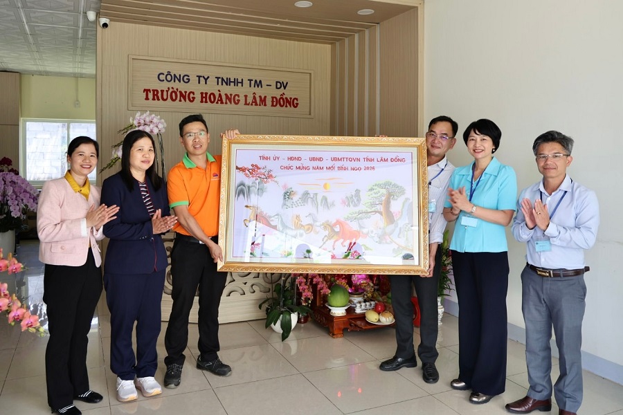 Đồng ch&iacute; Phạm Thị Ph&uacute;c trao qu&agrave; động vi&ecirc;n l&atilde;nh đạo v&agrave; người lao động DNTN Trường Ho&agrave;ng