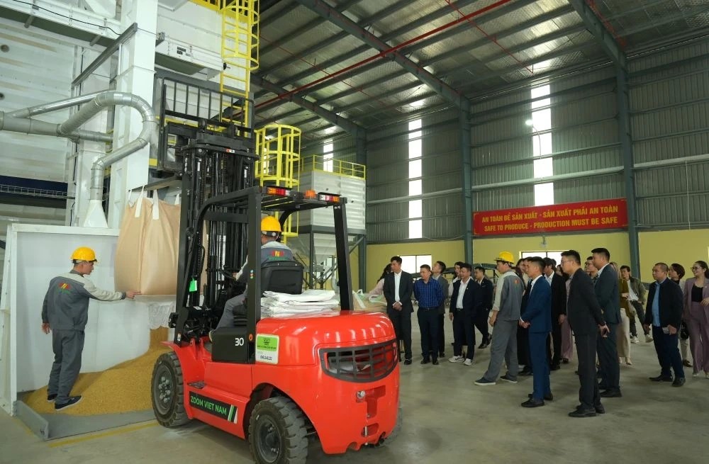 Hội Doanh nh&acirc;n trẻ tỉnh Thanh H&oacute;a thăm d&acirc;y chuyền chế biến gạo tại Nh&agrave; m&aacute;y chế biến n&ocirc;ng sản chất lượng cao VinaGreen.