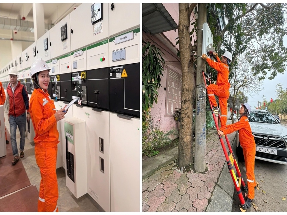 Nữ c&ocirc;ng C&ocirc;ng ty Điện lực Nghệ An kiểm tra c&aacute;c tủ m&aacute;y tại c&aacute;c khu c&ocirc;ng nghiệp v&agrave; thực hiện c&ocirc;ng việc tại hiện trường, tr&ecirc;n lưới điện như c&aacute;c nam đồng nghiệp