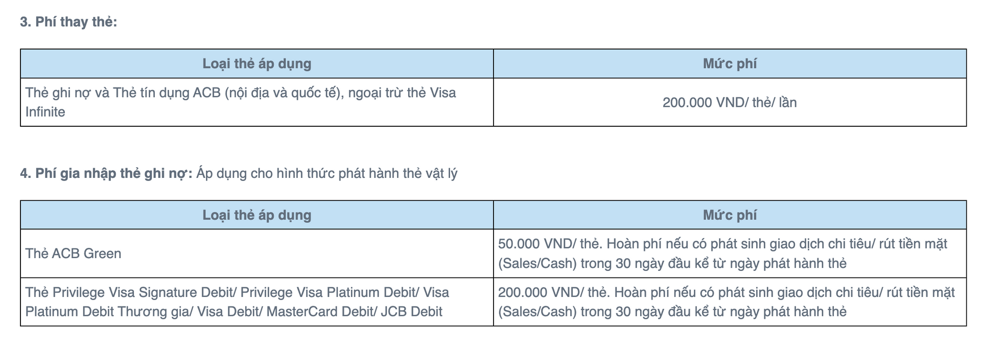 Phí thay thẻ và phí phát hành thẻ (Nguồn: ACB) Phí thay thẻ và phí phát hành thẻ (Nguồn: ACB)