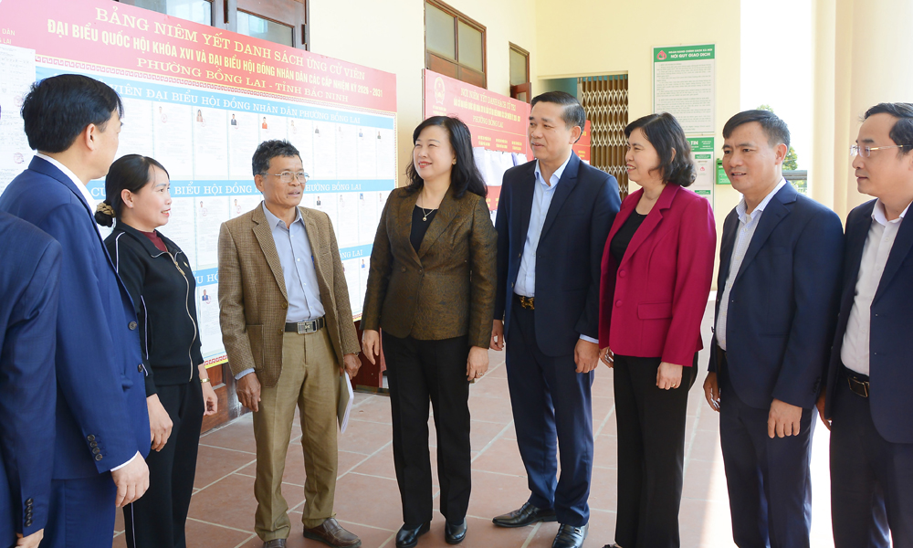 Bộ trưởng Bộ Y tế Đ&agrave;o Hồng Lan c&ugrave;ng c&aacute;c ứng cử vi&ecirc;n đại biểu Quốc hội v&agrave; HĐND tỉnh, c&aacute;c đồng ch&iacute; l&atilde;nh đạo với cử tri phường Bồng Lai.