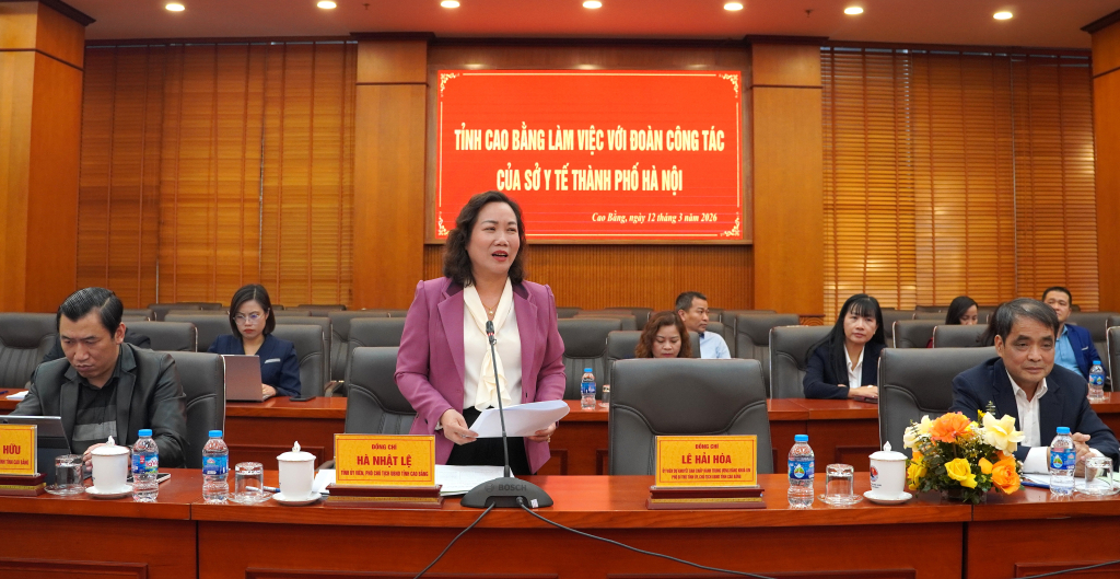 B&agrave; H&agrave; Nhật Lệ, Ph&oacute; Chủ tịch UBND tỉnh Cao Bằng phát bi&ecirc;̉u tại bu&ocirc;̉i làm vi&ecirc;̣c. Ảnh: BCB