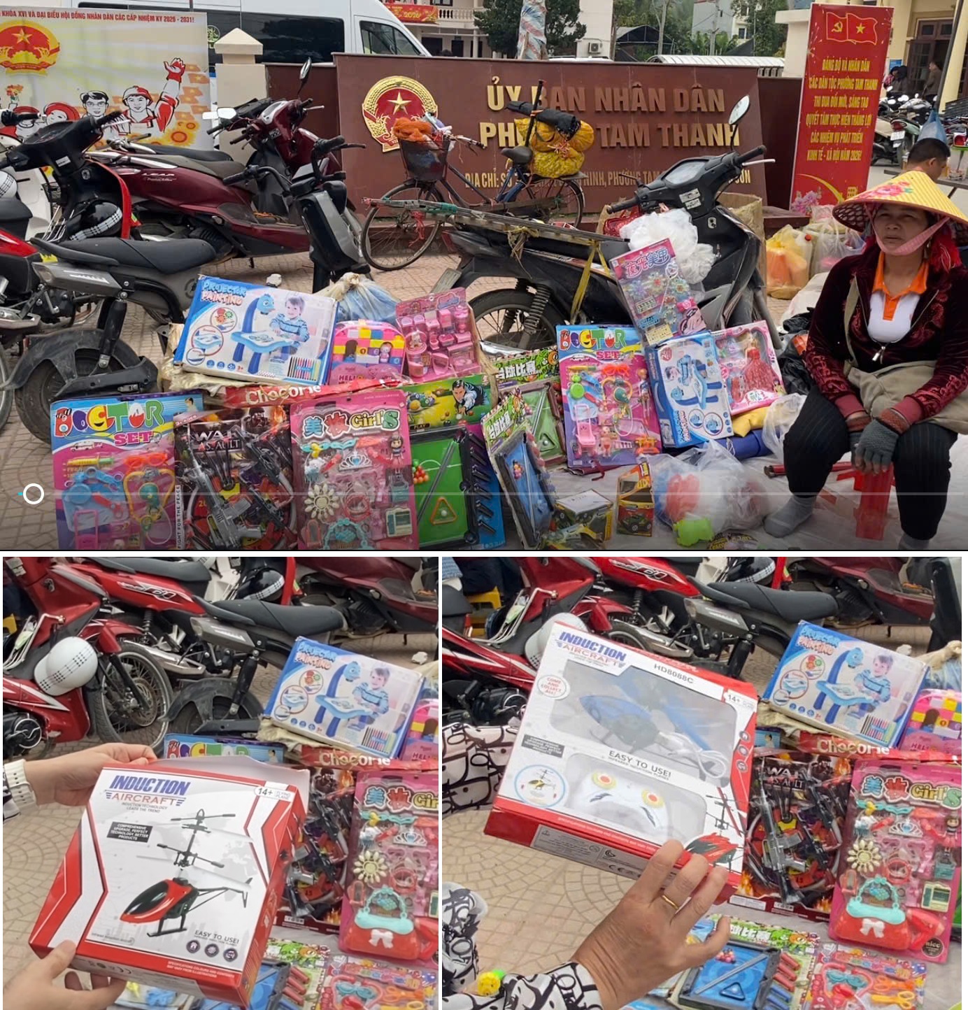 Một quầy b&agrave;y b&aacute;n đồ chơi đặt ngay trước cửa UBND phường Tam Thanh