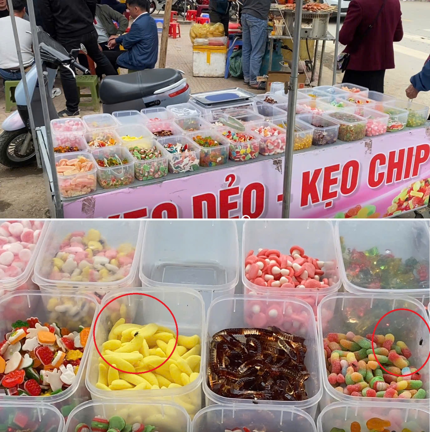 Ghi nhận một quầy b&aacute;n kẹo dẻo kh&ocirc;ng tem nh&atilde;n nh&agrave; sản xuất, kh&ocirc;ng được che chắn hợp vệ sinh, xuất hiện ruồi b&aacute;m sản phẩm