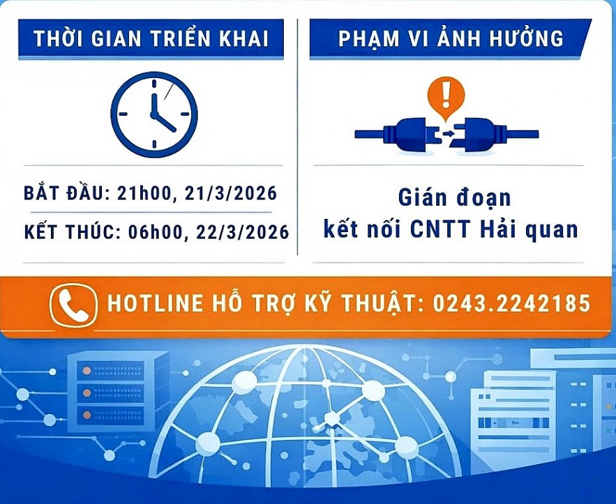 Th&ocirc;ng b&aacute;o kế hoạch bảo tr&igrave;, n&acirc;ng cấp hệ thống mạng tại Trung t&acirc;m dữ liệu của Cục Hải quan, Bộ T&agrave;i ch&iacute;nh. Ảnh: CHQ