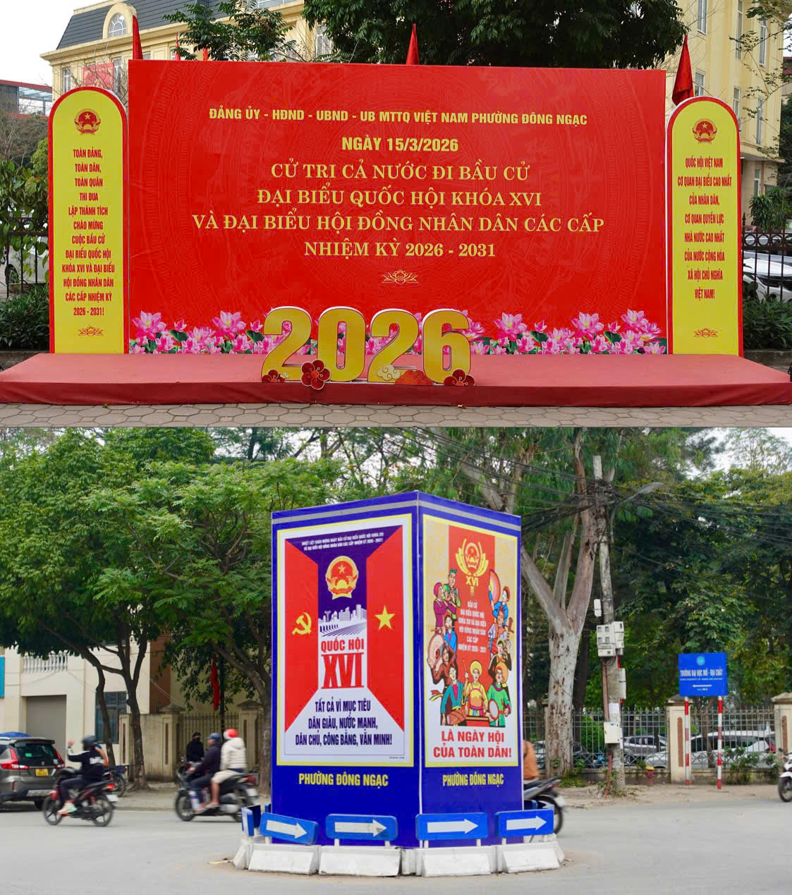 Pano, khẩu hiệu tuy&ecirc;n truyền ch&agrave;o mừng Ng&agrave;y bầu cử đại biểu Quốc hội kh&oacute;a XVI v&agrave; đại biểu HĐND c&aacute;c cấp nhiệm kỳ 2026&ndash;2031 tr&ecirc;n địa b&agrave;n phường Đ&ocirc;ng Ngạc