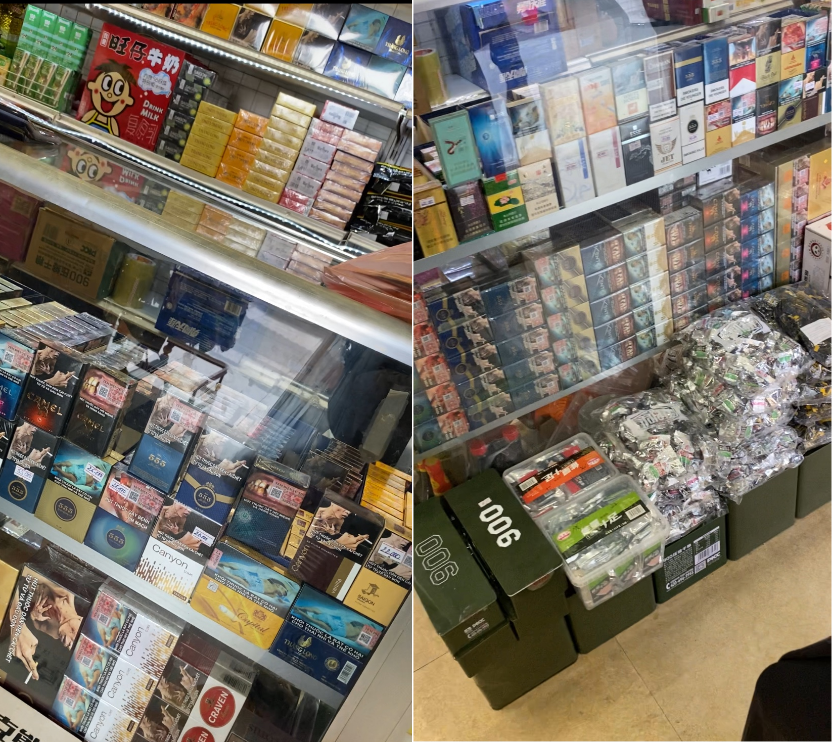 La liệt các sản phẩm thuốc lá trong nước và thuốc lá nhập khẩu được bày bán tại đây La liệt các sản phẩm thuốc lá trong nước và thuốc lá nhập khẩu được bày bán tại đây