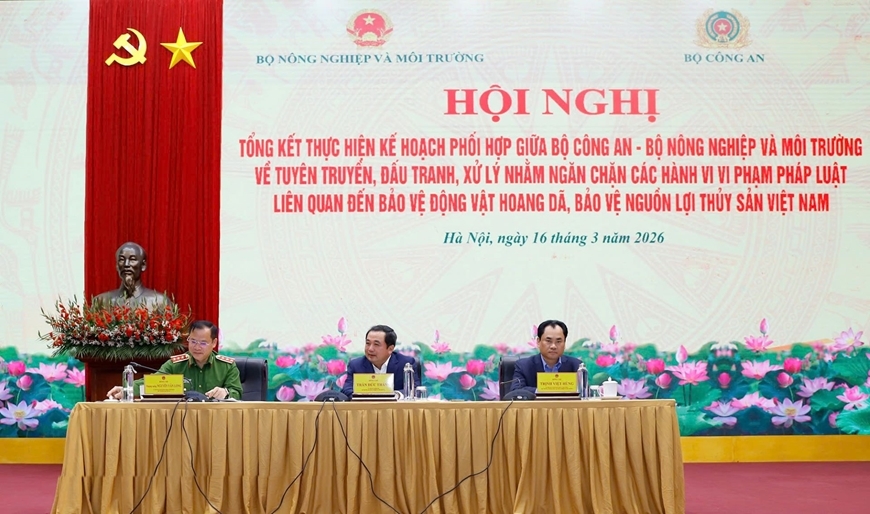 Hội nghị tổng kết v&agrave; triển khai một số nội dung phối hợp giữa hai Bộ trong c&ocirc;ng t&aacute;c bảo vệ động vật hoang d&atilde; v&agrave; nguồn lợi thủy sản giữa Bộ N&ocirc;ng nghiệp v&agrave; M&ocirc;i trường - Bộ C&ocirc;ng an chiều ng&agrave;y 16/3. Ảnh:&nbsp;mae.gov.vn