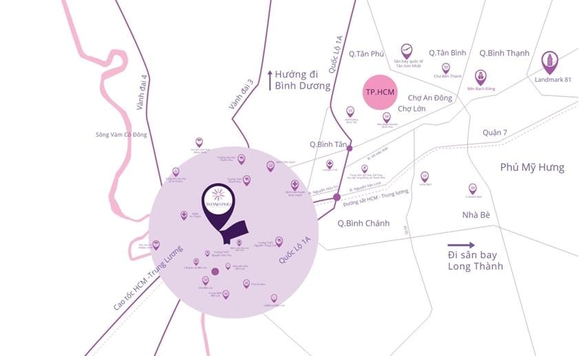 Thanh Ph&uacute; Centre Point nằm ở vị tr&iacute; kết nối với c&aacute;c trục giao th&ocirc;ng lớn như cao tốc TP.HCM - Trung Lương, DT830C, V&agrave;nh đai 3 v&agrave; V&agrave;nh đai 4. Nguồn ảnh: BIM Group