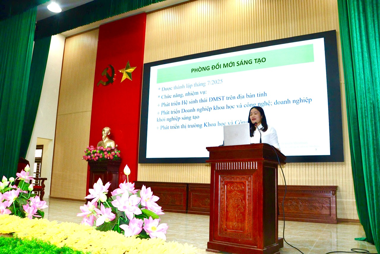 B&agrave; Trần Thị Hồng Hạnh &ndash; Trưởng ph&ograve;ng Đổi mới s&aacute;ng tạo tr&igrave;nh b&agrave;y nội dung tại hội nghị