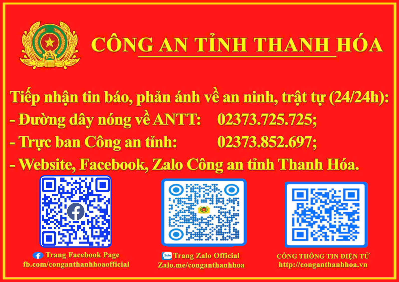 Đường dây nóng Công an tỉnh Thanh Hóa luôn sẵn sàng phục vụ Nhân dân 24/24 giờ Đường dây nóng Công an tỉnh Thanh Hóa luôn sẵn sàng phục vụ Nhân dân 24/24 giờ