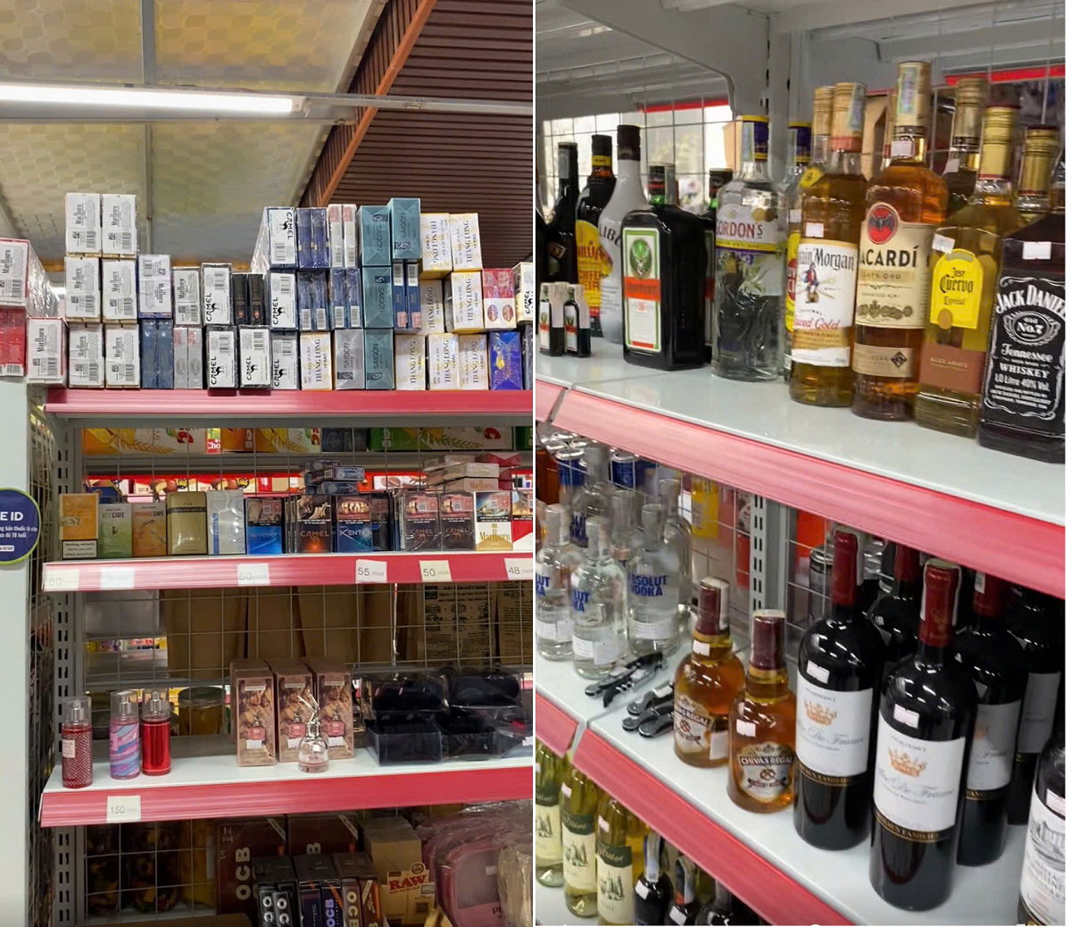 Giống như c&aacute;c cơ sở kh&aacute;c, cơ sở n&agrave;y cũng b&agrave;y b&aacute;n la liệt thuốc l&aacute;, rượu ngoại