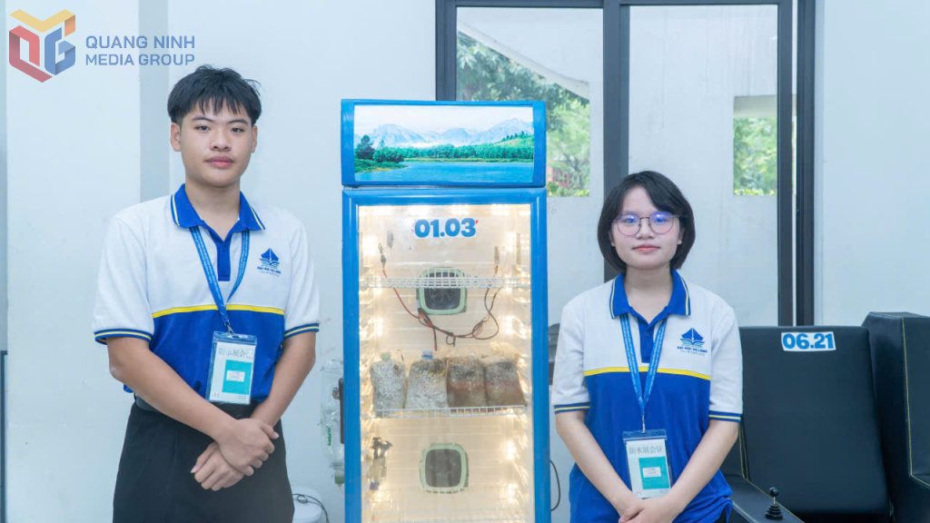 Nh&oacute;m học sinh Nguyễn Ho&agrave;ng Minh v&agrave; Nguyễn Quỳnh Giao (lớp 10A1, Trường TH, THCS v&agrave; THPT Thực h&agrave;nh Sư phạm, Đại học Hạ Long) với dự &aacute;n: &ldquo;T&iacute;ch hợp c&ocirc;ng nghệ sinh học v&agrave; hệ thống IoT trong nh&acirc;n nu&ocirc;i sinh khối hệ sợi nấm chẹo tỉnh Quảng Ninh, định hướng n&ocirc;ng nghiệp c&ocirc;ng nghệ cao&rdquo;.