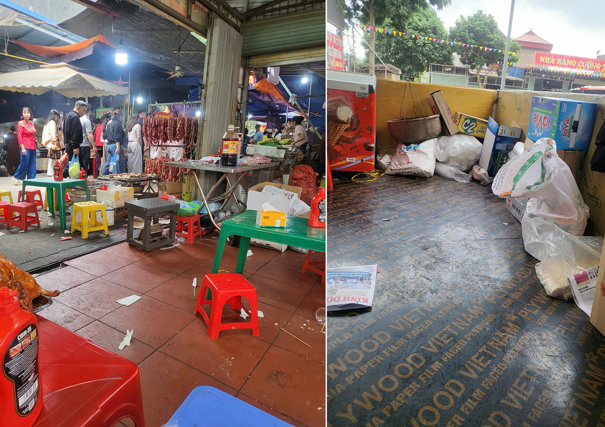 Khu vực thưởng thức vịt quay của du kh&aacute;ch, những đồ đựng thực phẩm, tiếp x&uacute;c trực tiếp với thức ăn vứt dưới s&agrave;n