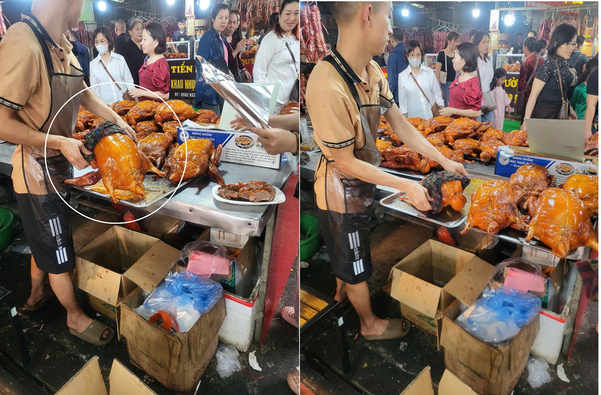 Người đ&agrave;n &ocirc;ng n&agrave;y d&ugrave;ng chiếc dẻ c&aacute;u bẩn để l&oacute;t tay cầm con vịt vừa quay n&oacute;ng hổi trước &aacute;nh mắt ngỡ ng&agrave;ng của du kh&aacute;ch