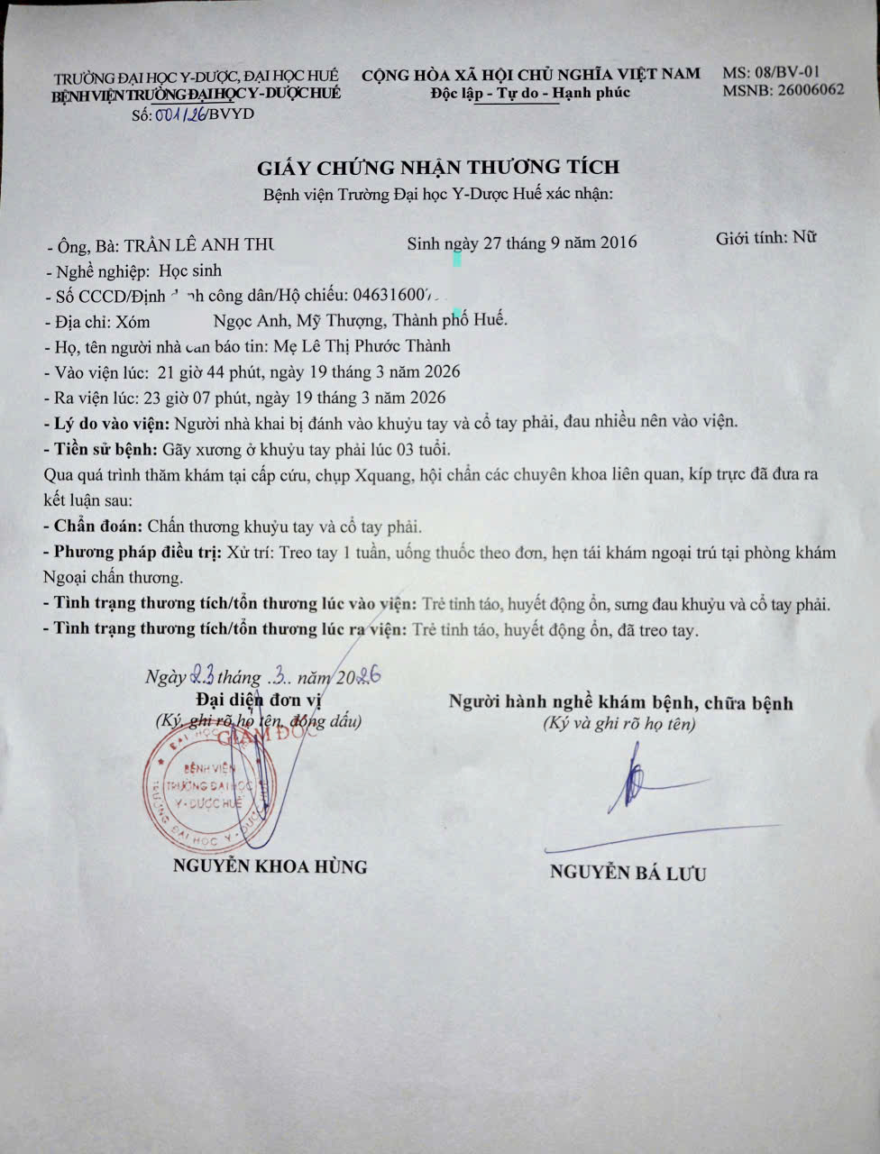 Giấy chứng nhận chấn thương của ch&aacute;u Th..