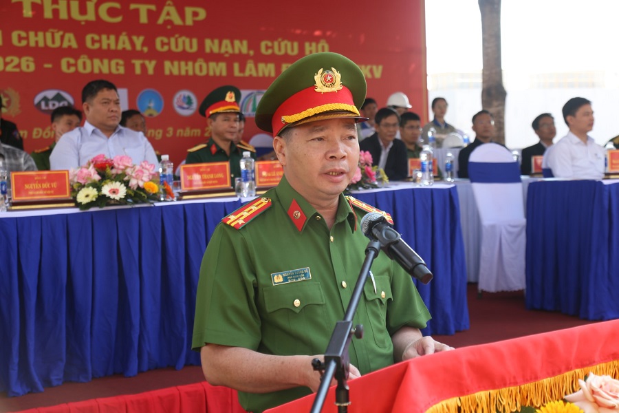 Đại t&aacute; Nguyễn Tường Vũ, Ph&oacute; Gi&aacute;m đốc C&ocirc;ng an tỉnh L&acirc;m Đồng ph&aacute;t biểu tại buổi thực tập