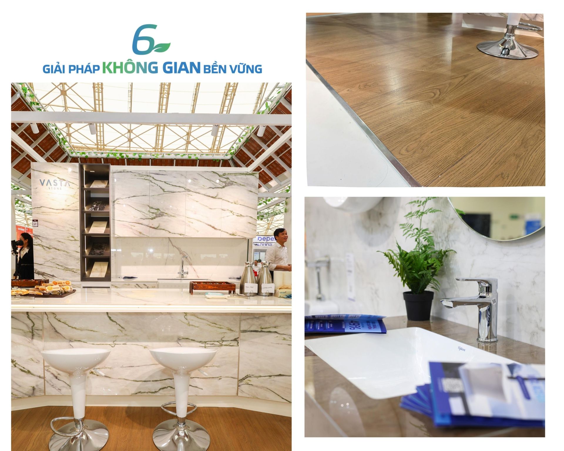 Giải ph&aacute;p kh&ocirc;ng gian bền vững của Viglacera tập trung v&agrave;o việc ph&aacute;t triển c&aacute;c vật liệu c&oacute; khả năng thay thế gỗ v&agrave; đ&aacute; tự nhi&ecirc;n, qua đ&oacute; g&oacute;p phần hạn chế khai th&aacute;c t&agrave;i nguy&ecirc;n v&agrave; giảm thiểu dấu ch&acirc;n carbon. Ti&ecirc;u biểu l&agrave; c&aacute;c sản phẩm ứng dụng đ&aacute; nung kết cho tủ bếp, b&agrave;n đảo, bề mặt lavabo chậu &acirc;m b&agrave;n v&agrave; nhiều hạng mục nội thất kh&aacute;c, gi&uacute;p thay thế đ&aacute; marble tự nhi&ecirc;n; c&ugrave;ng với s&agrave;n gạch porcelain &ndash; giải ph&aacute;p hiệu quả thay thế gỗ tự nhi&ecirc;n trong kh&ocirc;ng gian sống hiện đại.