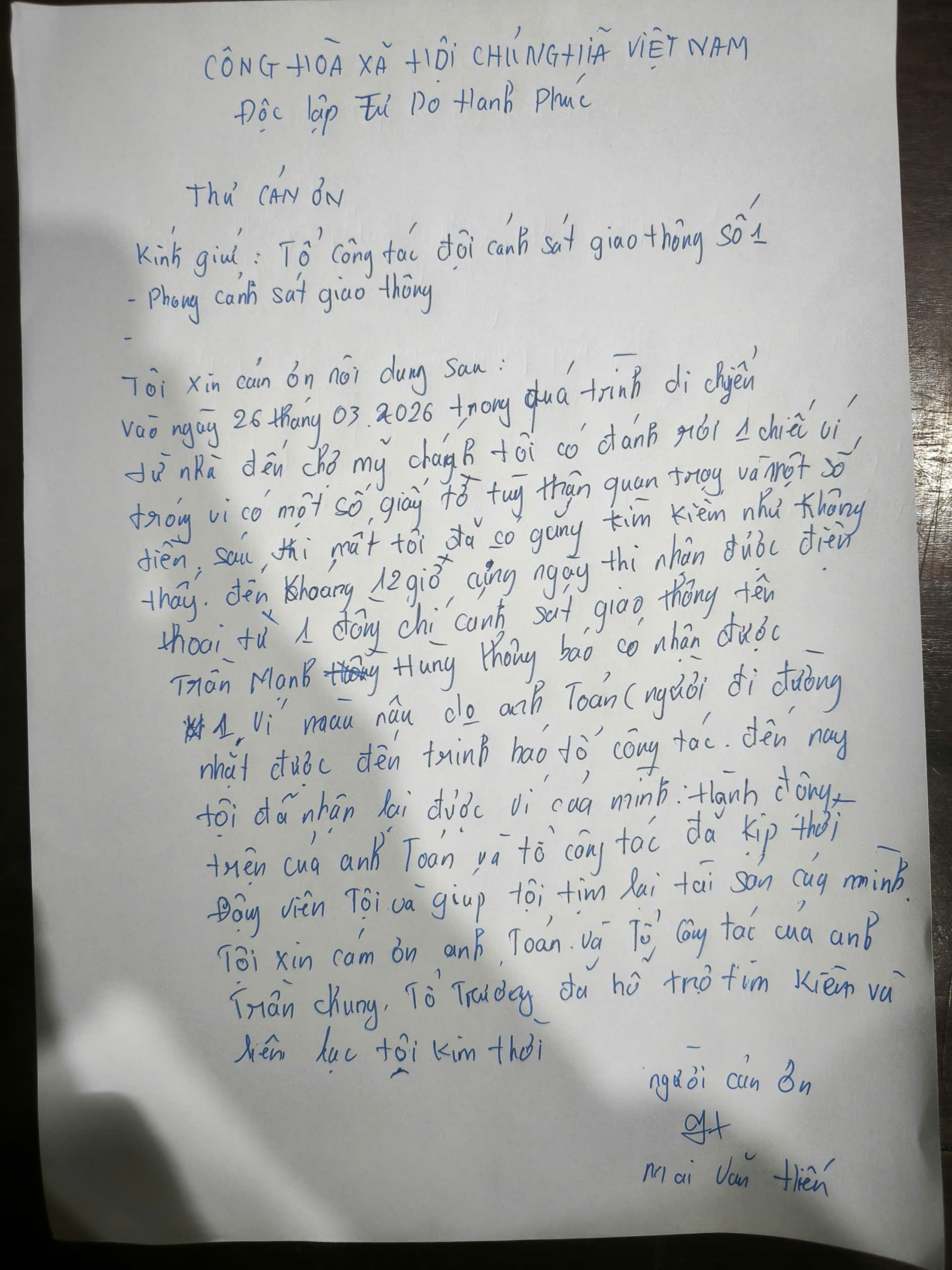 Bức thư c&aacute;m ơn của anh Nai Văn Hiến (Ảnh CACC)