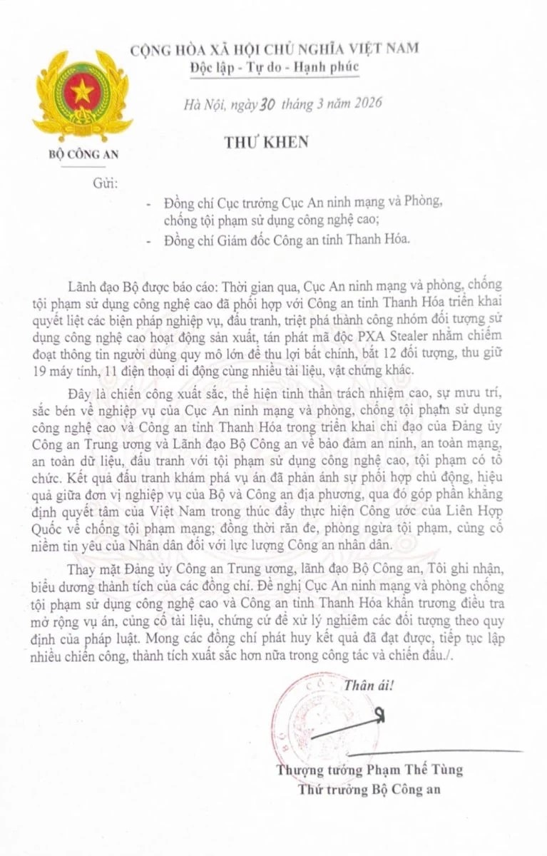 Bộ C&ocirc;ng an đ&atilde; c&oacute; thư khen C&ocirc;ng an tỉnh Thanh H&oacute;a v&igrave; th&agrave;nh t&iacute;ch trong đấu tranh, triệt ph&aacute; nh&oacute;m đối tượng sử dụng c&ocirc;ng nghệ cao hoạt động sản xuất, t&aacute;n ph&aacute;t m&atilde; độc nhằm chiếm đoạt th&ocirc;ng tin người d&ugrave;ng quy m&ocirc; lớn.