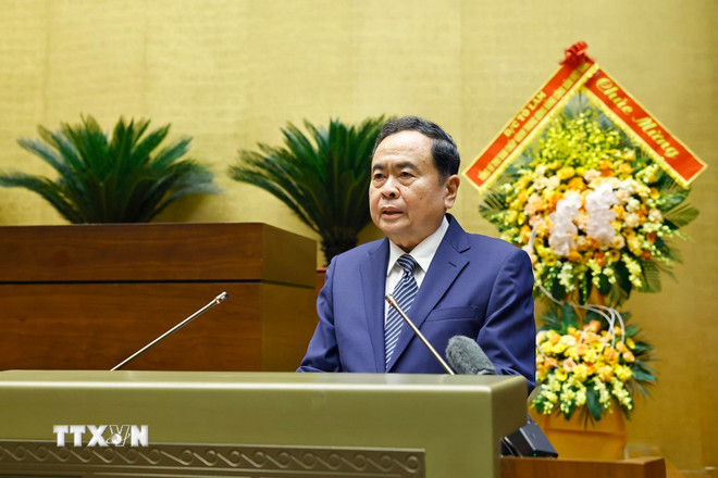 Chủ tịch Quốc hội Trần Thanh Mẫn, Chủ tịch Hội đồng Bầu cử quốc gia ph&aacute;t biểu. (Ảnh: Do&atilde;n Tấn/TTXVN)