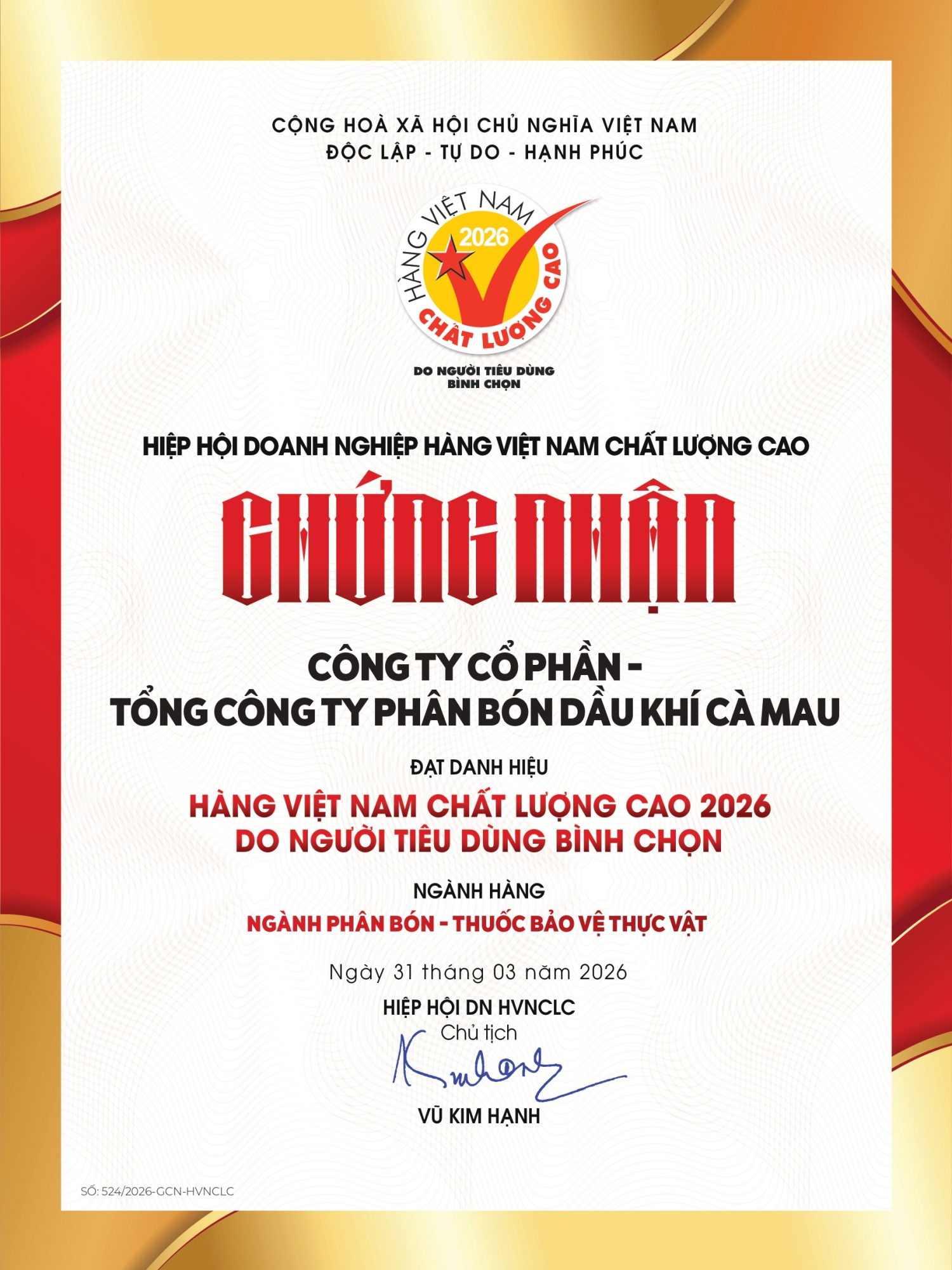 Ph&acirc;n b&oacute;n C&agrave; Mau giữ vững danh hiệu H&agrave;ng Việt Nam chất lượng cao năm 2026