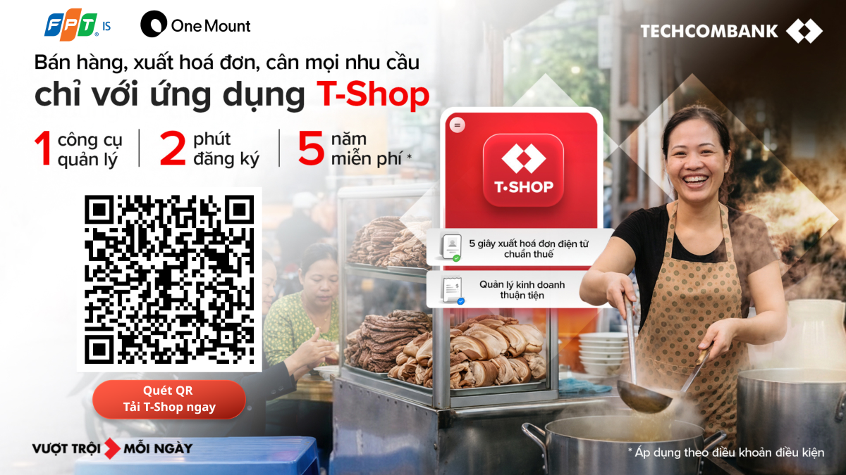 Techcombank ch&iacute;nh thức ra mắt ứng dụng T‑Shop &ndash; giải ph&aacute;p quản l&yacute; b&aacute;n h&agrave;ng v&agrave; t&agrave;i ch&iacute;nh d&agrave;nh ri&ecirc;ng cho hộ kinh doanh/tiểu thương: đăng k&yacute; chỉ 2 ph&uacute;t &ndash; miễn ph&iacute; 5 năm &ndash; vận h&agrave;nh chuẩn luật thuế ngay tr&ecirc;n điện thoại.