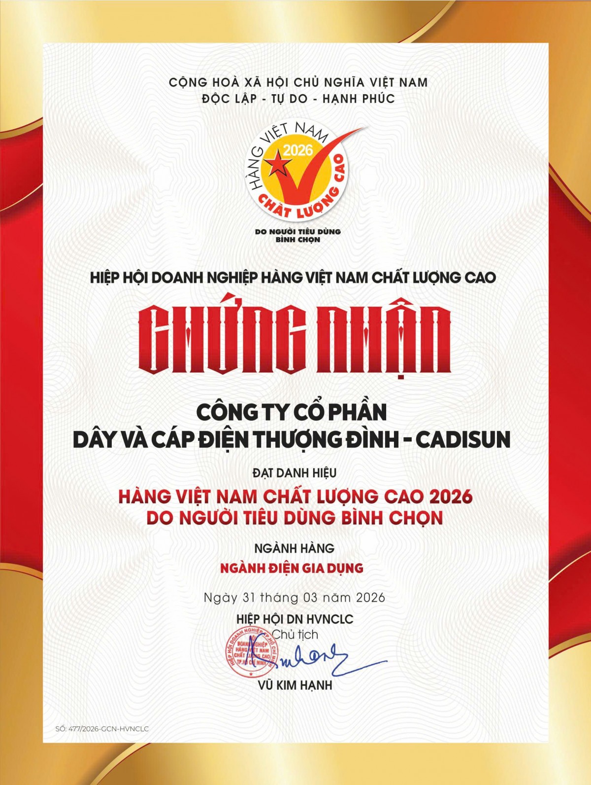 Chứng nhận H&agrave;ng Việt Nam chất lượng cao năm 2026