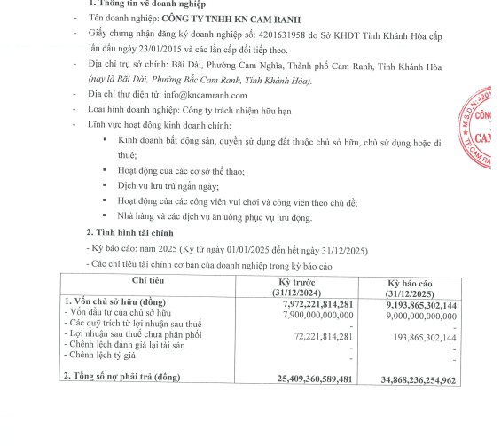 C&ocirc;ng ty TNHH KN Cam Ranh vừa c&ocirc;ng bố t&igrave;nh h&igrave;nh t&agrave;i ch&iacute;nh năm 2025