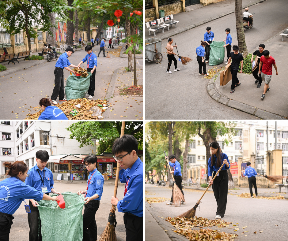 Đo&agrave;n Thanh ni&ecirc;n Đại học B&aacute;ch khoa H&agrave; Nội tổ chức dọn vệ sinh khu&ocirc;n vi&ecirc;n cơ sở v&agrave; ph&acirc;n loại, thu gom r&aacute;c thải v&agrave; vật dụng cũ.