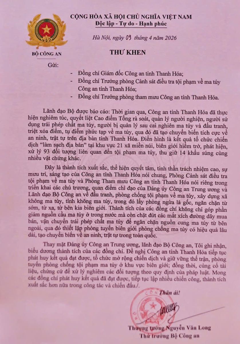 L&atilde;nh đạo Bộ C&ocirc;ng an gửi thư khen C&ocirc;ng an tỉnh Thanh H&oacute;a