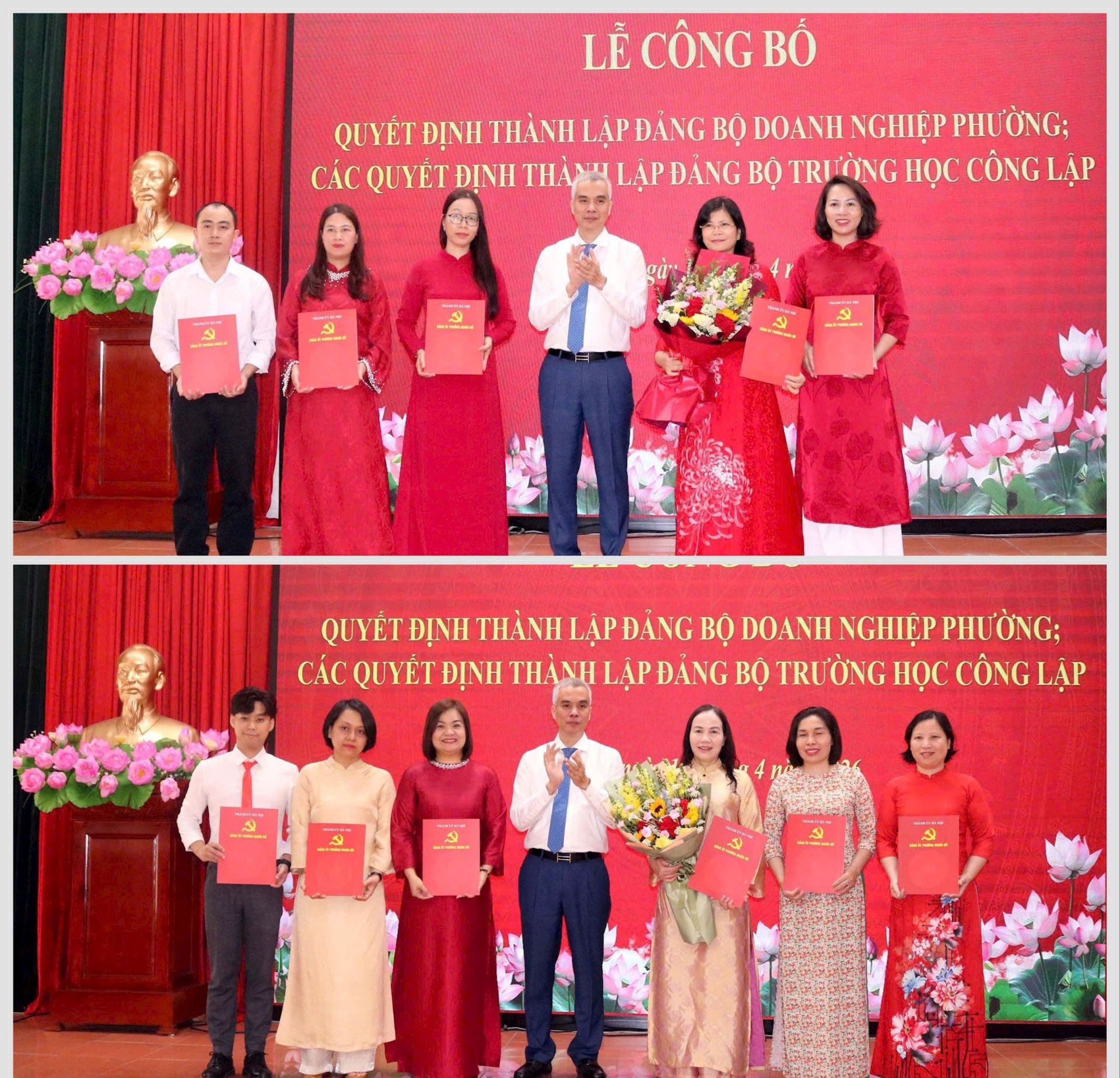 B&iacute; thư Đảng uỷ phường Nghĩa Đ&ocirc; Nguyễn Hồng Sơn trao quyết định th&agrave;nh lập Đảng bộ cho c&aacute;c trường c&ocirc;ng lập