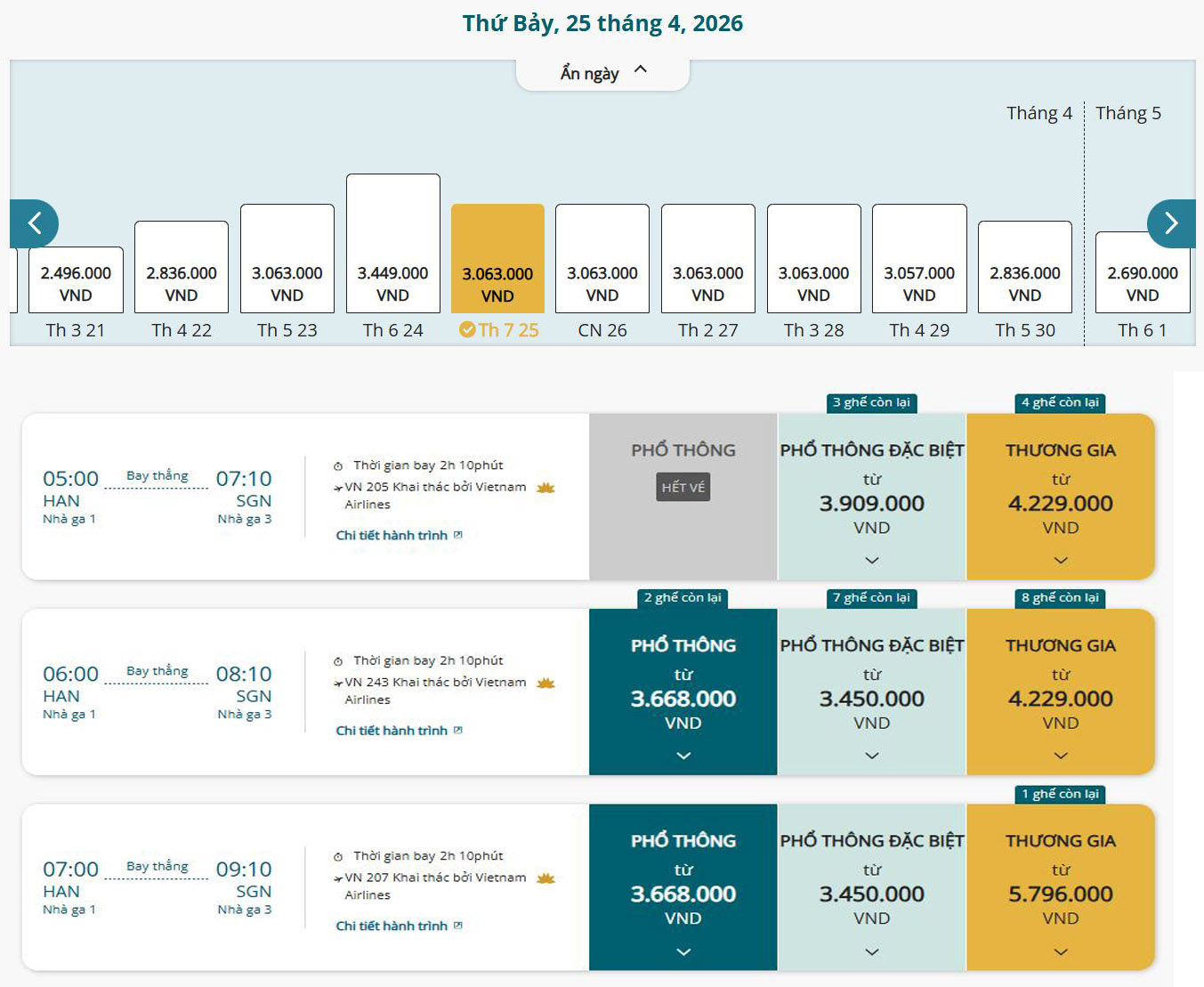 Trong khi đ&oacute;, tr&ecirc;n hệ thống Vietnam Airlines, mức gi&aacute; cao hơn, dao động từ khoảng 3,4 - 5,7 triệu đồng/chiều. (Ảnh chụp m&agrave;n h&igrave;nh)