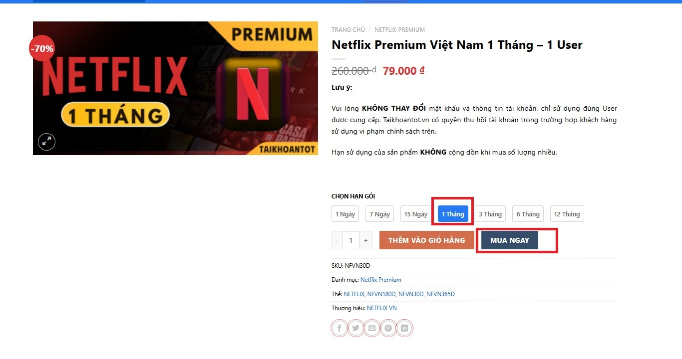 Bước 1: Lựa chọn g&oacute;i t&agrave;i khoản Netflix Premium như mong muốn v&agrave; click v&agrave;o &ldquo;Mua Ngay&rdquo;