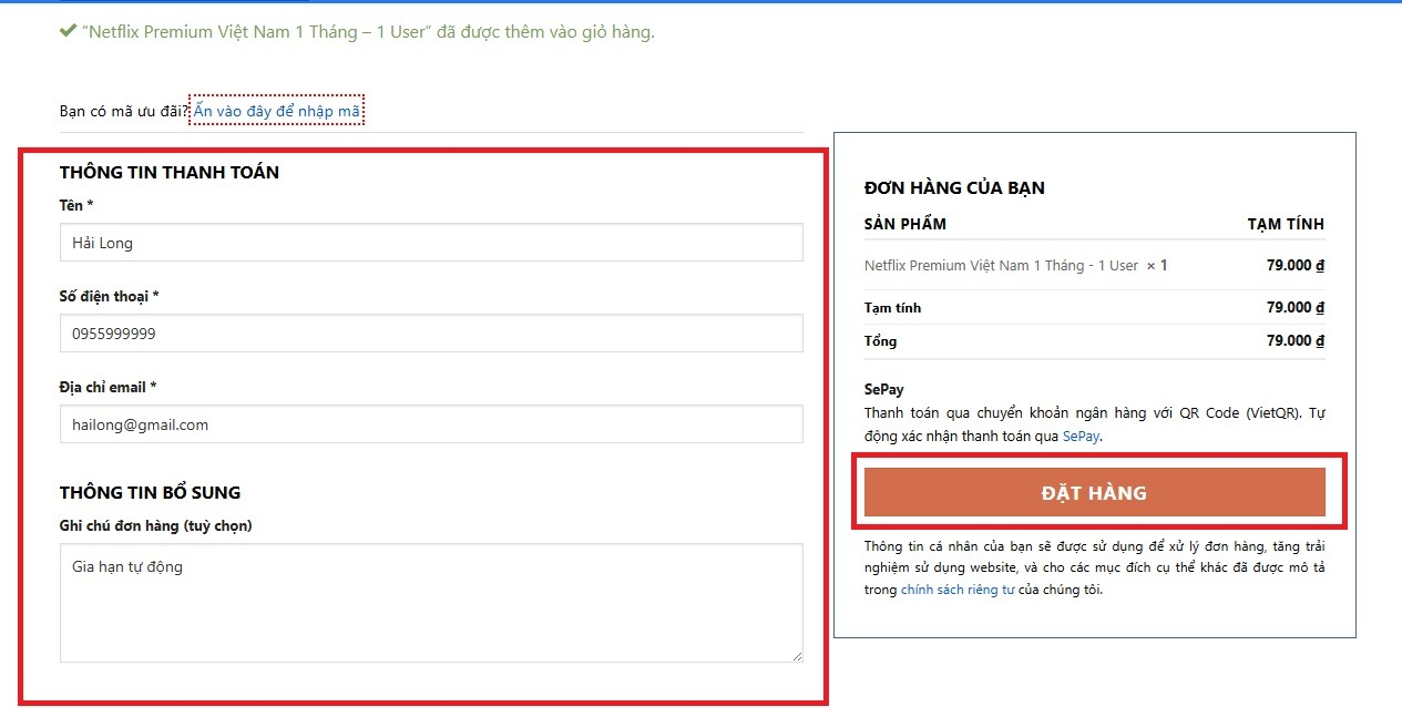 Bước 2: Điền th&ocirc;ng tin t&ecirc;n SĐT, Gmail để nhận t&agrave;i khoản. Sau đ&oacute; click đặt h&agrave;ng