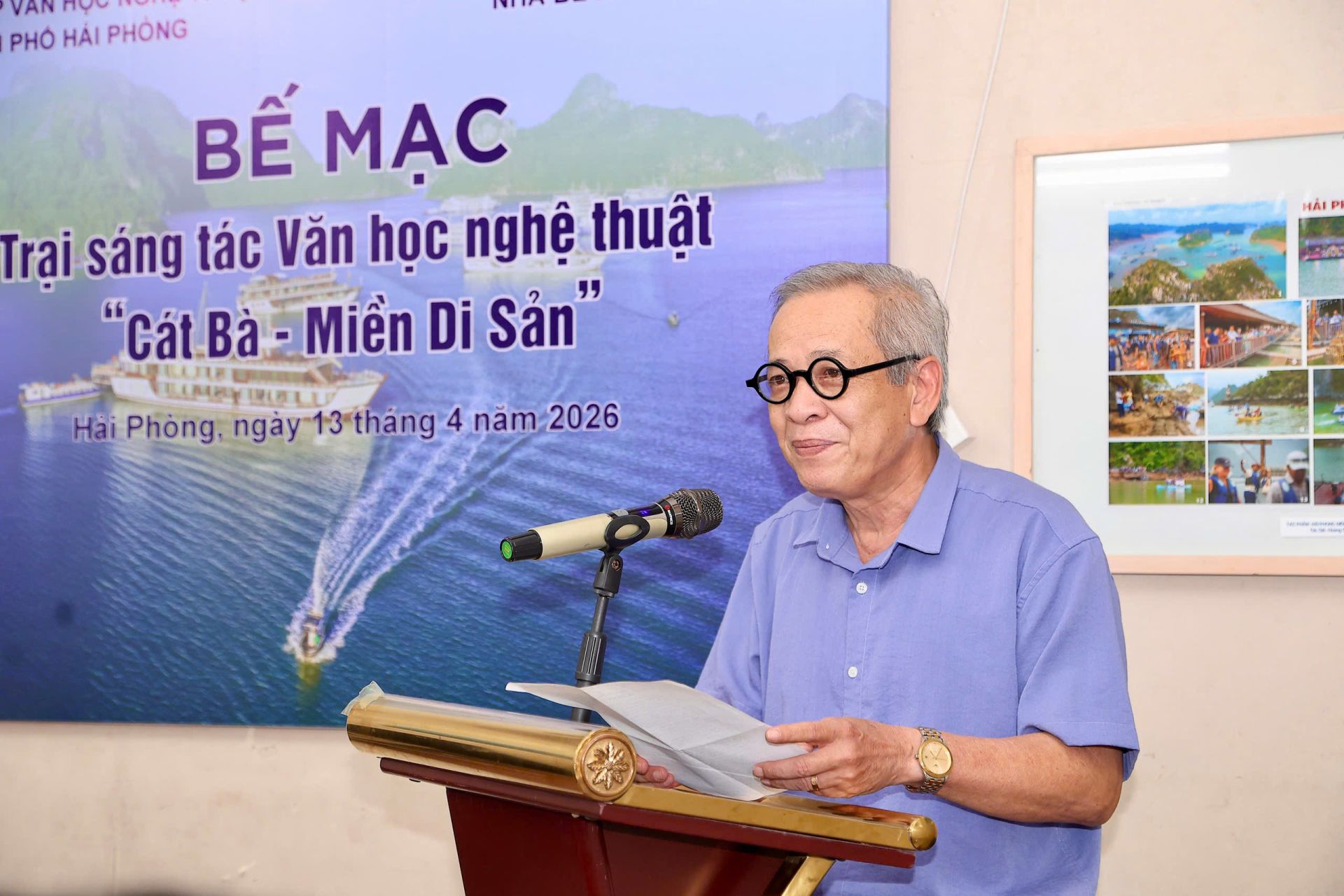 NSƯT L&ecirc; Như Hải, Chủ tịch Hội Li&ecirc;n hiệp Văn học Nghệ thuật th&agrave;nh phố ph&aacute;t biểu.