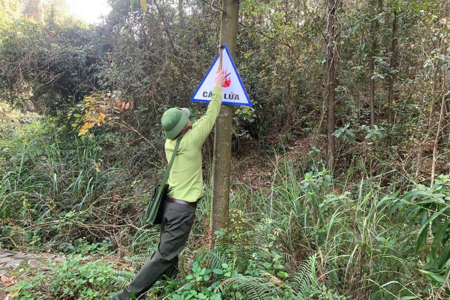 Lực lượng Kiểm l&acirc;m treo c&aacute;c biển cấm lửa ở khu vực c&oacute; nguy cơ xảy ra ch&aacute;y rừng cao